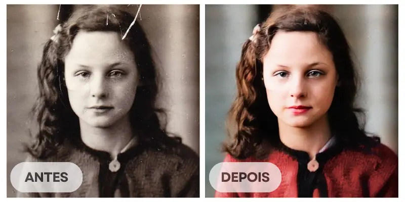 Retrato menina antes e depois da restauração